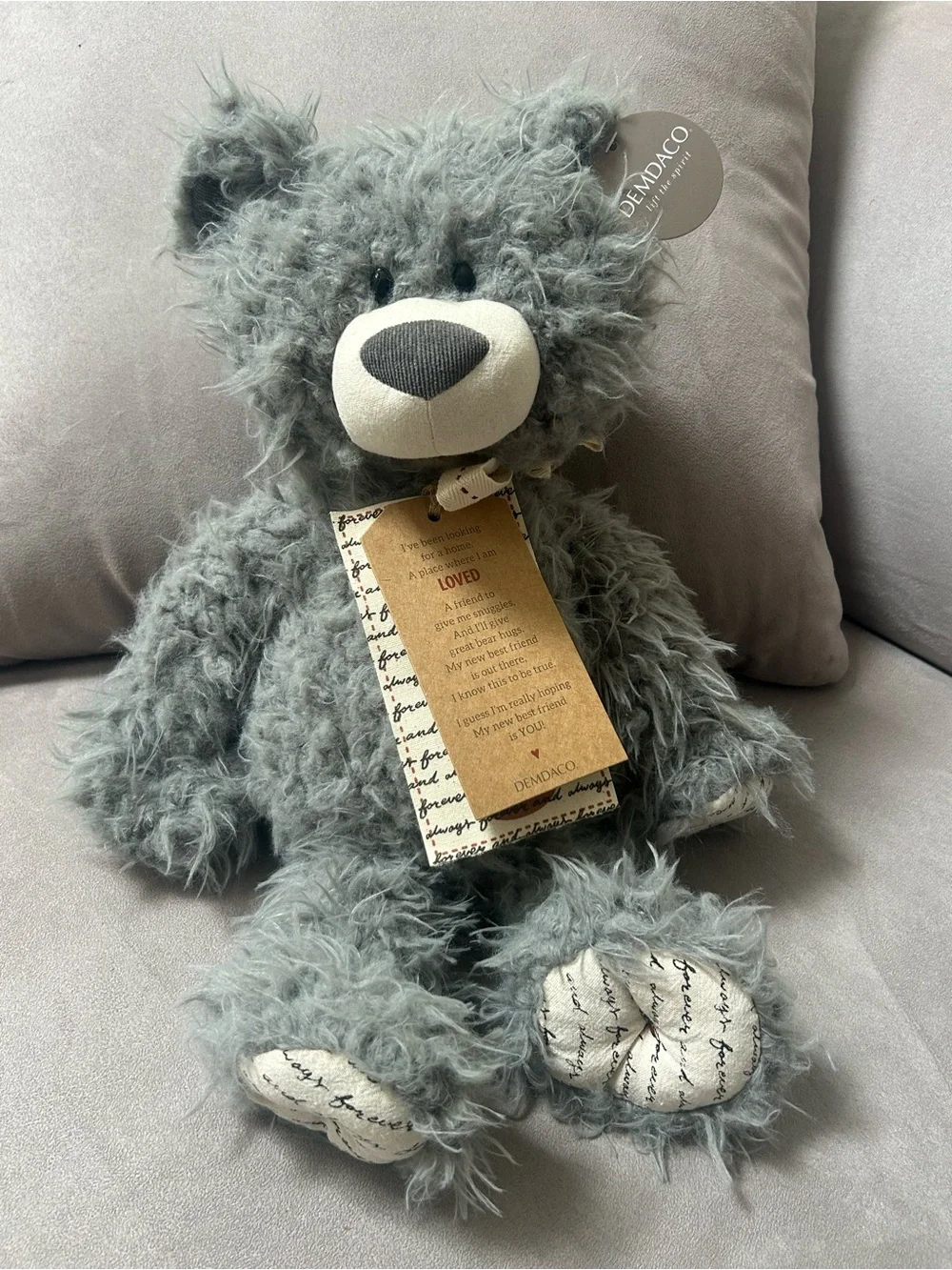 NWT Gray and Cream Shaggy Soft Plush Bear Friend with Cursive Love Messages